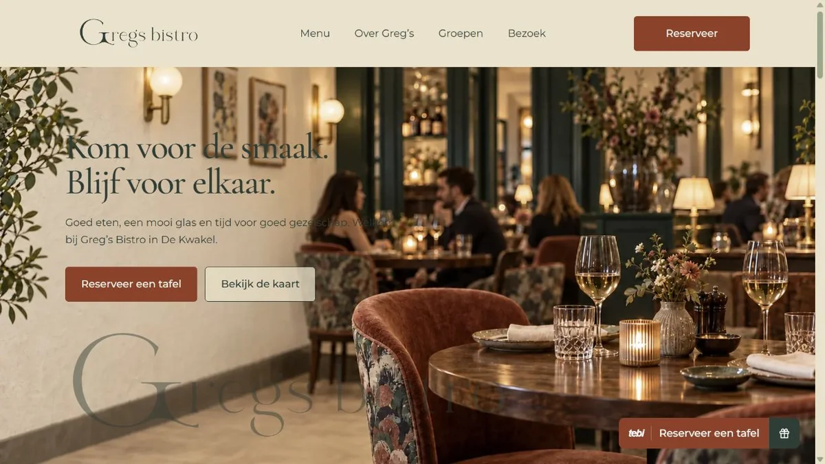 Screenshot van Greg’s Bistro met de eigen merkuitstraling en reserveerknop.