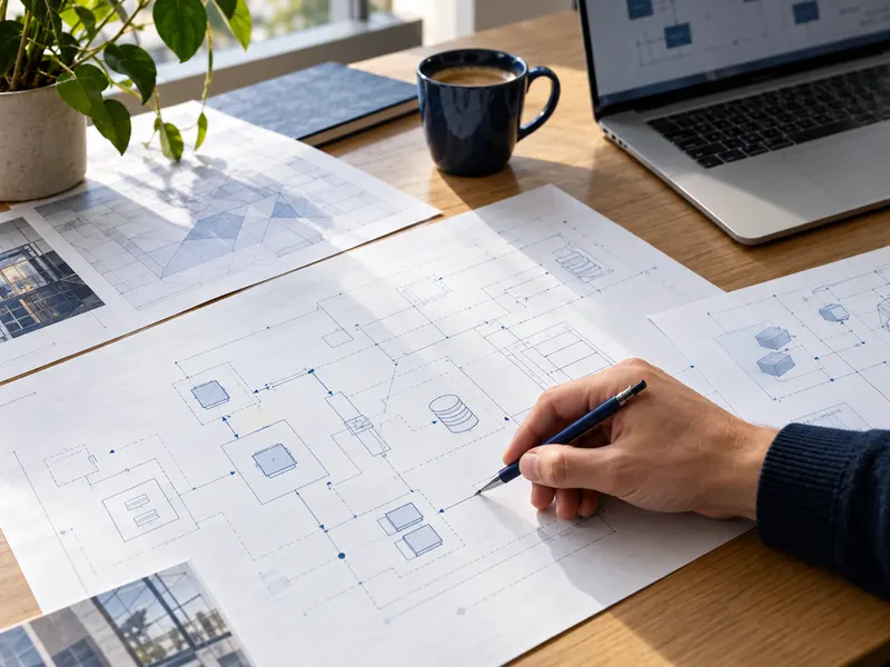 Een werktafel met een architectuurschets, laptop en een hand die verbindingen uitwerkt.