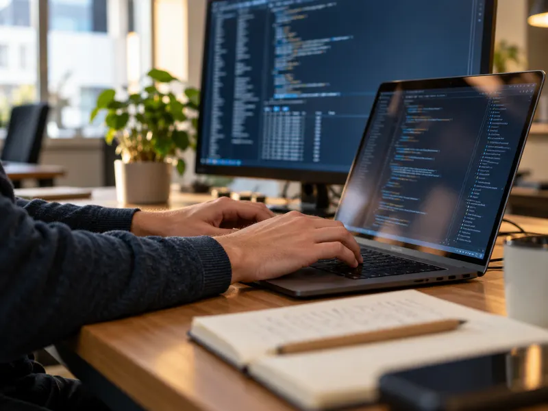 Een werkplek met laptop, code op een scherm en handen aan het toetsenbord.
