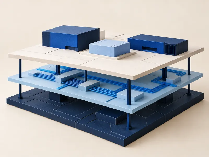 Conceptuele maquette van een platform met verbonden funderings-, platform- en applicatielagen.