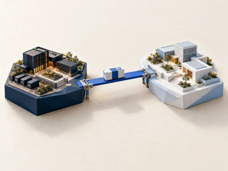 Conceptuele maquette van twee zelfstandige omgevingen met een los te koppelen verbinding.